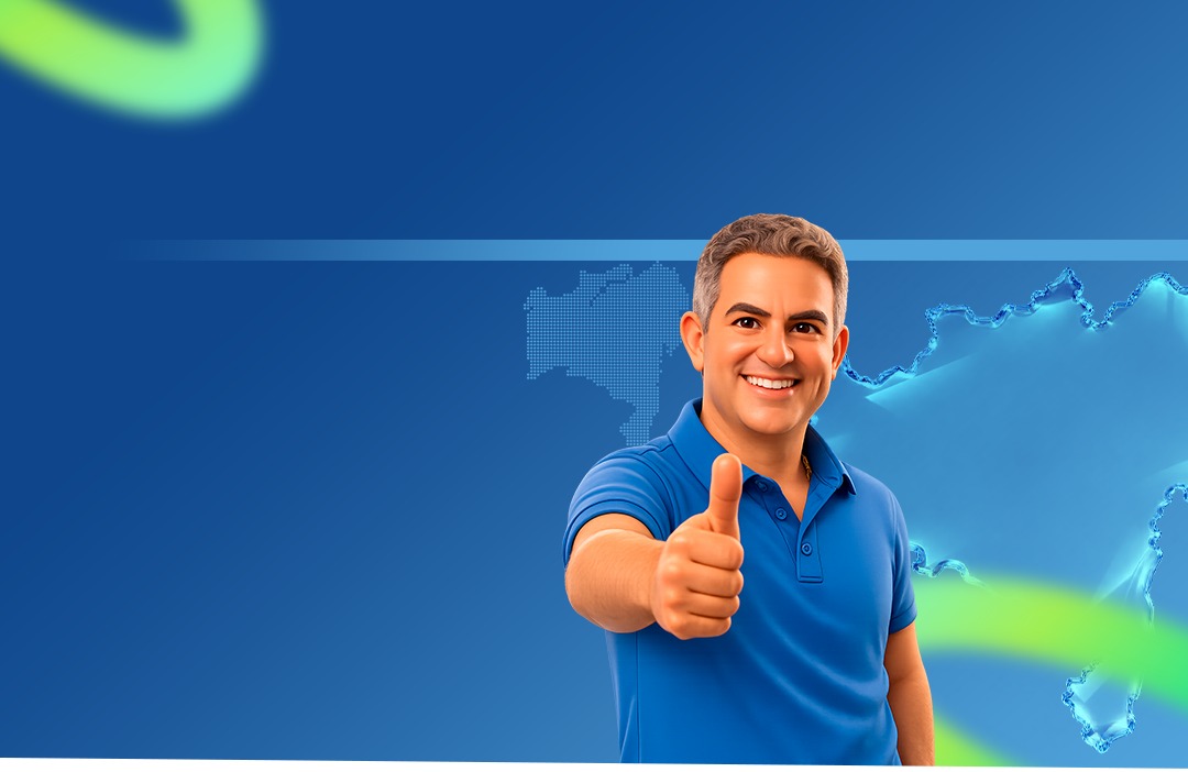 Ricardo Maia com o polegar para cima sobre fundo azul com o mapa da Bahia